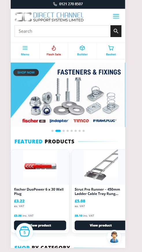 Direct Channel Support Systems online store showing fasteners, fixings and featured products
